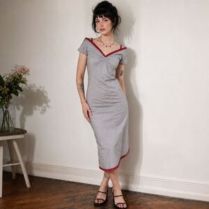 Retro VIOLATED Wiggle Dress Small Grey Red Lace Trim Pinup Y2K Archival Indie